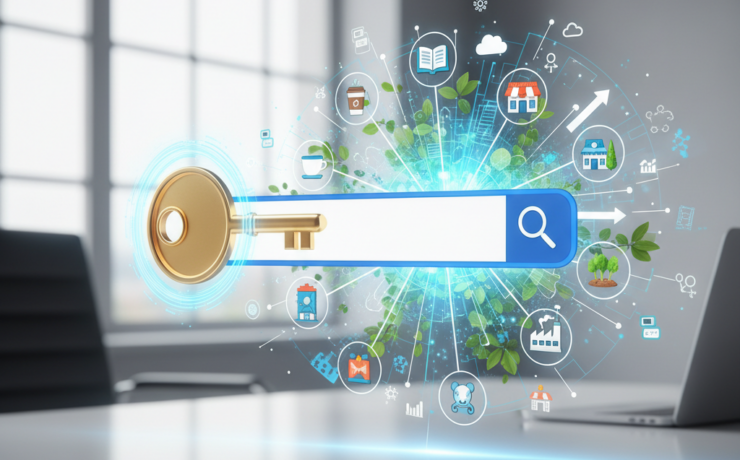 A stylized golden key, emitting a digital glow, turning in a lock shaped like a search bar. This action reveals a thriving digital ecosystem where icons of diverse small businesses and nonprofit buildings are visibly connected and growing, represented by subtle upward arrows and network lines. Abstract elements of SEO (magnifying glass, keyword tags) are subtly integrated into the energetic, optimistic background. No text.