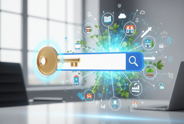 A stylized golden key, emitting a digital glow, turning in a lock shaped like a search bar. This action reveals a thriving digital ecosystem where icons of diverse small businesses and nonprofit buildings are visibly connected and growing, represented by subtle upward arrows and network lines. Abstract elements of SEO (magnifying glass, keyword tags) are subtly integrated into the energetic, optimistic background. No text.
