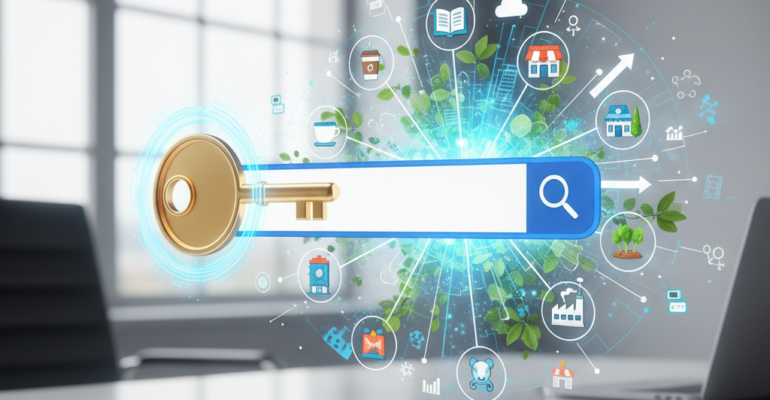 A stylized golden key, emitting a digital glow, turning in a lock shaped like a search bar. This action reveals a thriving digital ecosystem where icons of diverse small businesses and nonprofit buildings are visibly connected and growing, represented by subtle upward arrows and network lines. Abstract elements of SEO (magnifying glass, keyword tags) are subtly integrated into the energetic, optimistic background. No text.