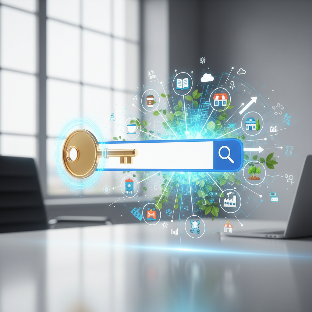 A stylized golden key, emitting a digital glow, turning in a lock shaped like a search bar. This action reveals a thriving digital ecosystem where icons of diverse small businesses and nonprofit buildings are visibly connected and growing, represented by subtle upward arrows and network lines. Abstract elements of SEO (magnifying glass, keyword tags) are subtly integrated into the energetic, optimistic background. No text.