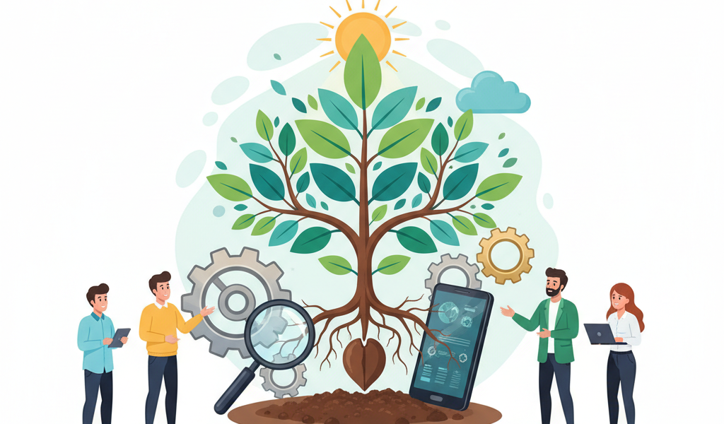 Four people stand around a large plant with gears, magnifying glass, and smartphone, symbolizing technology, growth, and teamwork.