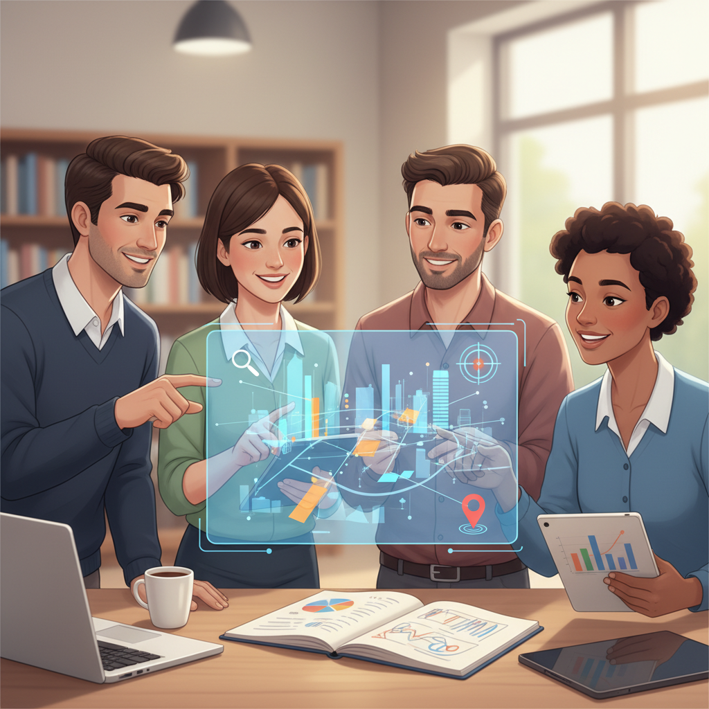 Four professionals collaborate around a digital interface displaying charts and data, with documents and a tablet showing graphs on the table in a modern office setting.