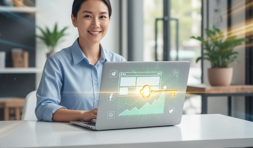 A confident, diverse small business owner, radiating optimism, is seated at a sleek, modern desk. An open laptop in front of them displays a dynamic, conceptual digital marketing interface: stylized social media app icons, a clean website template, and a prominent, upward-trending green line graph. A glowing, golden, futuristic-looking key appears to be digitally turning within the screen, visually 'unlocking' new growth pathways represented by expanding light and a clearer, brighter background horizon visible through the 'unlocked' screen. The background is a soft, professional blur, hinting at a contemporary small office or boutique shop. Dynamic light rays and subtle motion blur emphasize progress and success. The overall image is bright, empowering, and conveys innovation and prosperity.