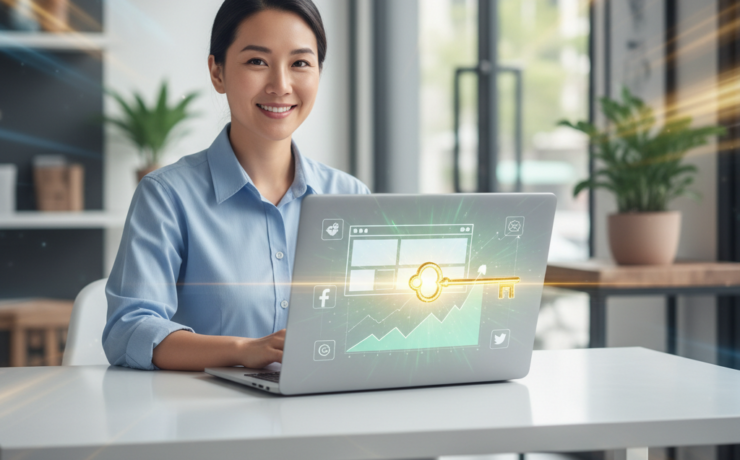 A confident, diverse small business owner, radiating optimism, is seated at a sleek, modern desk. An open laptop in front of them displays a dynamic, conceptual digital marketing interface: stylized social media app icons, a clean website template, and a prominent, upward-trending green line graph. A glowing, golden, futuristic-looking key appears to be digitally turning within the screen, visually 'unlocking' new growth pathways represented by expanding light and a clearer, brighter background horizon visible through the 'unlocked' screen. The background is a soft, professional blur, hinting at a contemporary small office or boutique shop. Dynamic light rays and subtle motion blur emphasize progress and success. The overall image is bright, empowering, and conveys innovation and prosperity.