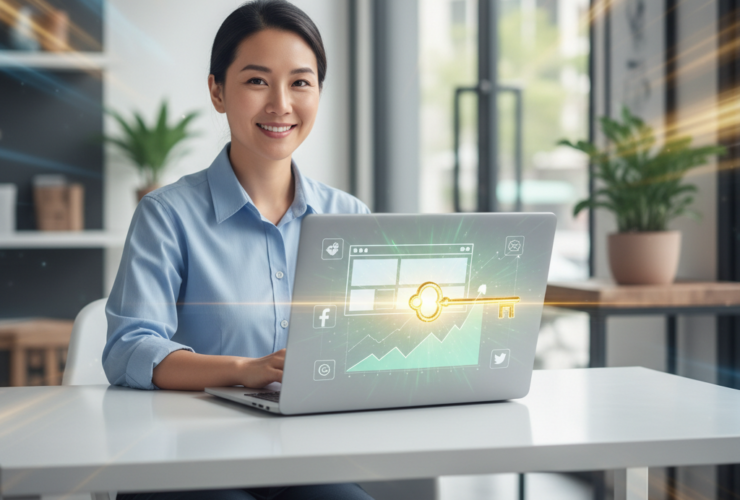 A confident, diverse small business owner, radiating optimism, is seated at a sleek, modern desk. An open laptop in front of them displays a dynamic, conceptual digital marketing interface: stylized social media app icons, a clean website template, and a prominent, upward-trending green line graph. A glowing, golden, futuristic-looking key appears to be digitally turning within the screen, visually 'unlocking' new growth pathways represented by expanding light and a clearer, brighter background horizon visible through the 'unlocked' screen. The background is a soft, professional blur, hinting at a contemporary small office or boutique shop. Dynamic light rays and subtle motion blur emphasize progress and success. The overall image is bright, empowering, and conveys innovation and prosperity.