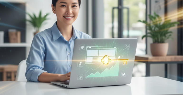 A confident, diverse small business owner, radiating optimism, is seated at a sleek, modern desk. An open laptop in front of them displays a dynamic, conceptual digital marketing interface: stylized social media app icons, a clean website template, and a prominent, upward-trending green line graph. A glowing, golden, futuristic-looking key appears to be digitally turning within the screen, visually 'unlocking' new growth pathways represented by expanding light and a clearer, brighter background horizon visible through the 'unlocked' screen. The background is a soft, professional blur, hinting at a contemporary small office or boutique shop. Dynamic light rays and subtle motion blur emphasize progress and success. The overall image is bright, empowering, and conveys innovation and prosperity.