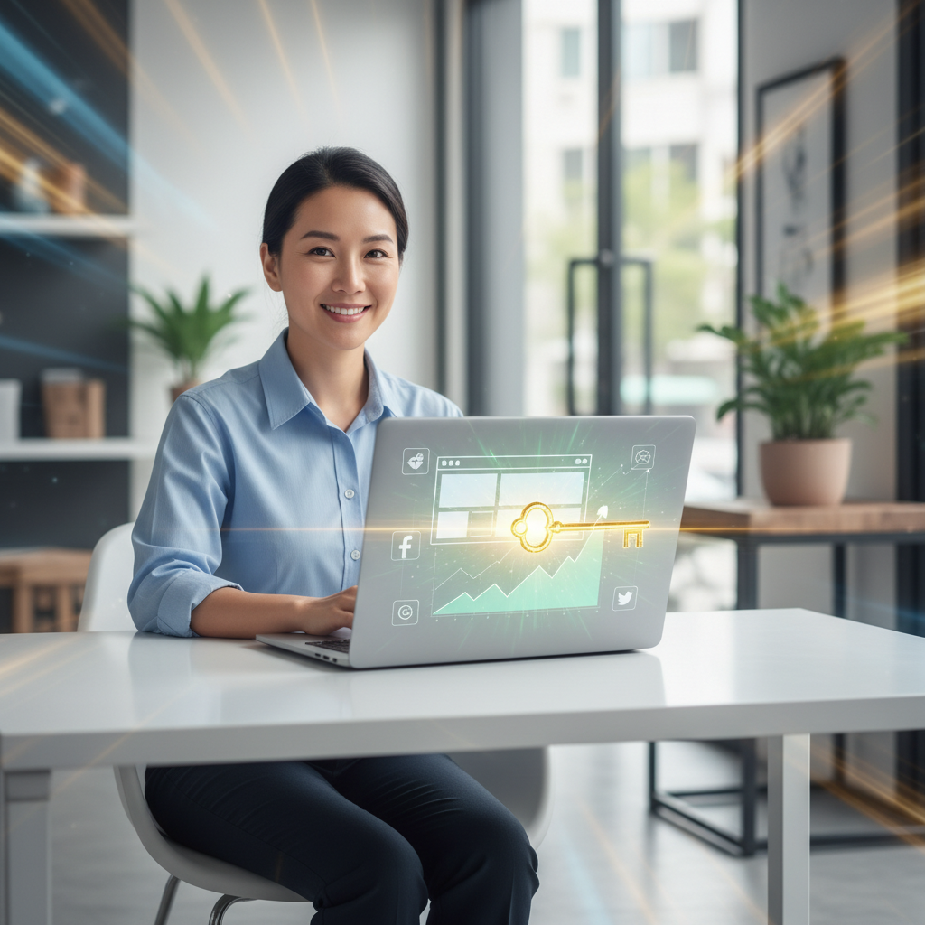 A confident, diverse small business owner, radiating optimism, is seated at a sleek, modern desk. An open laptop in front of them displays a dynamic, conceptual digital marketing interface: stylized social media app icons, a clean website template, and a prominent, upward-trending green line graph. A glowing, golden, futuristic-looking key appears to be digitally turning within the screen, visually 'unlocking' new growth pathways represented by expanding light and a clearer, brighter background horizon visible through the 'unlocked' screen. The background is a soft, professional blur, hinting at a contemporary small office or boutique shop. Dynamic light rays and subtle motion blur emphasize progress and success. The overall image is bright, empowering, and conveys innovation and prosperity.