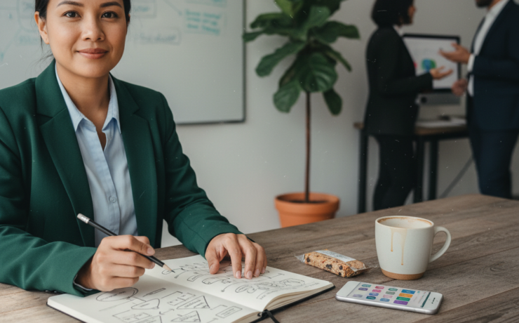 --- **Image Prompt:** Shot on Canon EOS R5 with RF 24-70mm f/2.8L IS USM lens. A close-up, slightly off-center shot of a small business owner (30s-40s, diverse ethnicity, wearing smart casual attire) sketching ideas in a well-worn notebook on a wooden desk. Beside the notebook, there's a half-empty mug of coffee with a faint ring stain, a generic brand smartphone displaying a social media app, and a half-eaten granola bar. Soft, diffused daylight spills in from an unseen window to the left, highlighting the texture of the paper and the dust motes in the air. The background is softly blurred, showing an unfocused office environment with a whiteboard covered in scribbled notes and a potted plant. Muted, natural color grading with slight film grain.