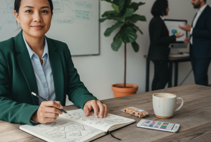 --- **Image Prompt:** Shot on Canon EOS R5 with RF 24-70mm f/2.8L IS USM lens. A close-up, slightly off-center shot of a small business owner (30s-40s, diverse ethnicity, wearing smart casual attire) sketching ideas in a well-worn notebook on a wooden desk. Beside the notebook, there's a half-empty mug of coffee with a faint ring stain, a generic brand smartphone displaying a social media app, and a half-eaten granola bar. Soft, diffused daylight spills in from an unseen window to the left, highlighting the texture of the paper and the dust motes in the air. The background is softly blurred, showing an unfocused office environment with a whiteboard covered in scribbled notes and a potted plant. Muted, natural color grading with slight film grain.