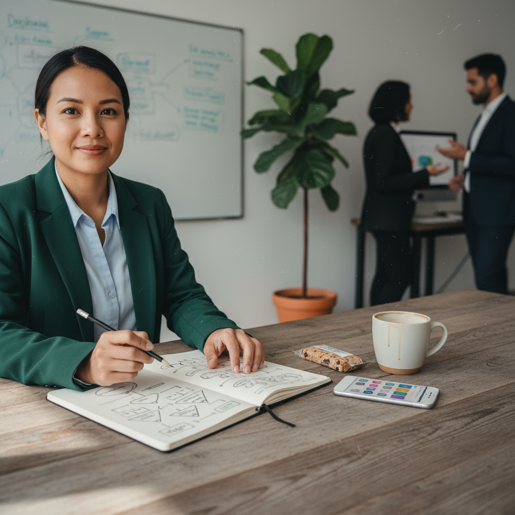 --- **Image Prompt:** Shot on Canon EOS R5 with RF 24-70mm f/2.8L IS USM lens. A close-up, slightly off-center shot of a small business owner (30s-40s, diverse ethnicity, wearing smart casual attire) sketching ideas in a well-worn notebook on a wooden desk. Beside the notebook, there's a half-empty mug of coffee with a faint ring stain, a generic brand smartphone displaying a social media app, and a half-eaten granola bar. Soft, diffused daylight spills in from an unseen window to the left, highlighting the texture of the paper and the dust motes in the air. The background is softly blurred, showing an unfocused office environment with a whiteboard covered in scribbled notes and a potted plant. Muted, natural color grading with slight film grain.