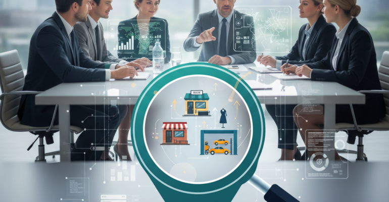 Target Audience: Small business owners. Key Concepts: SEO, local market domination, easy-to-understand guide, growth, success, modern, authoritative but approachable. --- **Image Prompt:** A vibrant, modern, and engaging graphic. At the center, a stylized magnifying glass over a map icon (like a location pin or a simple "G" for Google Maps). The map area inside the magnifying glass shows a diverse group of small businesses (e.g., a cafe, a boutique, a mechanic) with subtle upward-trending arrows or light rays emanating from them, signifying growth and visibility. Surrounding the magnifying glass are abstract, interconnected digital elements (like faint data streams, network lines, or subtle code snippets) that suggest SEO and online connectivity, but not overly technical. The overall color palette is optimistic and professional, blending blues, greens, and a touch of gold or orange, conveying trust and success. The background is clean and slightly blurred, suggesting a digital interface or a positive future. The image should convey that SEO is accessible and leads to concrete local business success. No text overlays or watermarks.