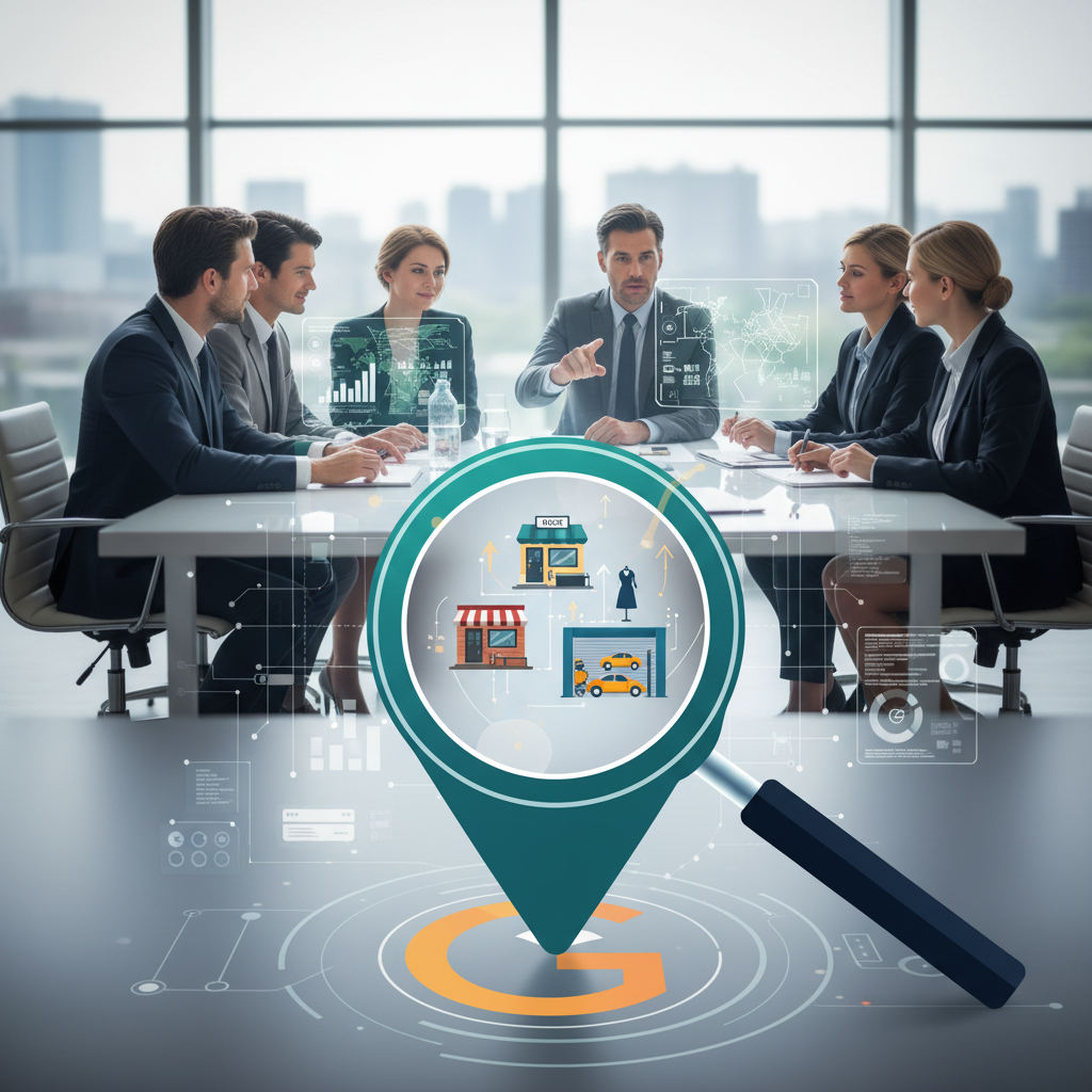 Target Audience: Small business owners. Key Concepts: SEO, local market domination, easy-to-understand guide, growth, success, modern, authoritative but approachable. --- **Image Prompt:** A vibrant, modern, and engaging graphic. At the center, a stylized magnifying glass over a map icon (like a location pin or a simple "G" for Google Maps). The map area inside the magnifying glass shows a diverse group of small businesses (e.g., a cafe, a boutique, a mechanic) with subtle upward-trending arrows or light rays emanating from them, signifying growth and visibility. Surrounding the magnifying glass are abstract, interconnected digital elements (like faint data streams, network lines, or subtle code snippets) that suggest SEO and online connectivity, but not overly technical. The overall color palette is optimistic and professional, blending blues, greens, and a touch of gold or orange, conveying trust and success. The background is clean and slightly blurred, suggesting a digital interface or a positive future. The image should convey that SEO is accessible and leads to concrete local business success. No text overlays or watermarks.