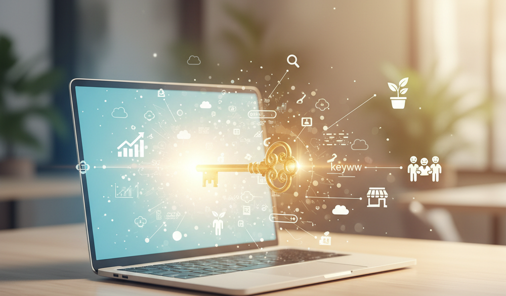 A vibrant, optimistic illustration depicting an open digital gateway, resembling a glowing, stylized laptop screen or a portal. From this gateway, a golden key emerges, and various digital elements radiate outwards: a search bar icon with an upward-trending graph, abstract keyword clouds, and small, subtly integrated icons representing growth for diverse small businesses and nonprofits (e.g., a flourishing potted plant, a happy group of diverse people collaborating, a simple storefront outline). The background is a soft, blurred scene suggesting local communities and digital connectivity, bathed in a warm, inviting light. The overall style is clean, modern, and friendly, with no overlay text.