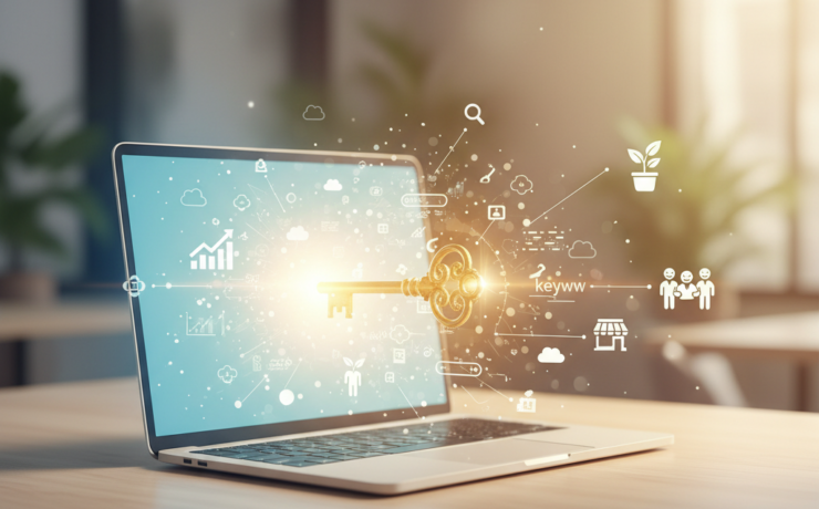 A vibrant, optimistic illustration depicting an open digital gateway, resembling a glowing, stylized laptop screen or a portal. From this gateway, a golden key emerges, and various digital elements radiate outwards: a search bar icon with an upward-trending graph, abstract keyword clouds, and small, subtly integrated icons representing growth for diverse small businesses and nonprofits (e.g., a flourishing potted plant, a happy group of diverse people collaborating, a simple storefront outline). The background is a soft, blurred scene suggesting local communities and digital connectivity, bathed in a warm, inviting light. The overall style is clean, modern, and friendly, with no overlay text.