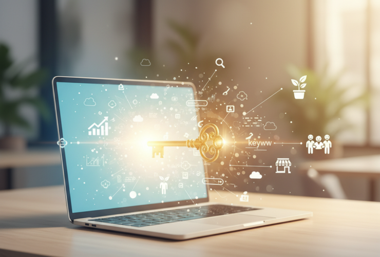 A vibrant, optimistic illustration depicting an open digital gateway, resembling a glowing, stylized laptop screen or a portal. From this gateway, a golden key emerges, and various digital elements radiate outwards: a search bar icon with an upward-trending graph, abstract keyword clouds, and small, subtly integrated icons representing growth for diverse small businesses and nonprofits (e.g., a flourishing potted plant, a happy group of diverse people collaborating, a simple storefront outline). The background is a soft, blurred scene suggesting local communities and digital connectivity, bathed in a warm, inviting light. The overall style is clean, modern, and friendly, with no overlay text.