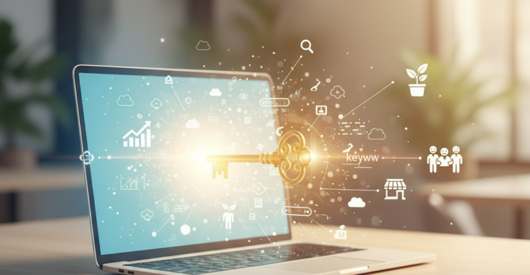 A vibrant, optimistic illustration depicting an open digital gateway, resembling a glowing, stylized laptop screen or a portal. From this gateway, a golden key emerges, and various digital elements radiate outwards: a search bar icon with an upward-trending graph, abstract keyword clouds, and small, subtly integrated icons representing growth for diverse small businesses and nonprofits (e.g., a flourishing potted plant, a happy group of diverse people collaborating, a simple storefront outline). The background is a soft, blurred scene suggesting local communities and digital connectivity, bathed in a warm, inviting light. The overall style is clean, modern, and friendly, with no overlay text.