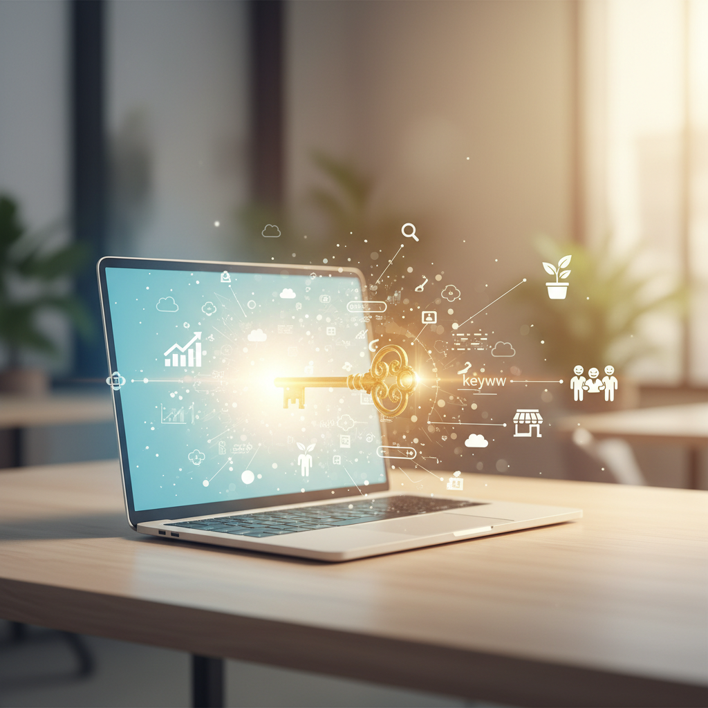 A vibrant, optimistic illustration depicting an open digital gateway, resembling a glowing, stylized laptop screen or a portal. From this gateway, a golden key emerges, and various digital elements radiate outwards: a search bar icon with an upward-trending graph, abstract keyword clouds, and small, subtly integrated icons representing growth for diverse small businesses and nonprofits (e.g., a flourishing potted plant, a happy group of diverse people collaborating, a simple storefront outline). The background is a soft, blurred scene suggesting local communities and digital connectivity, bathed in a warm, inviting light. The overall style is clean, modern, and friendly, with no overlay text.