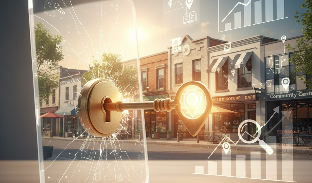 A digital key unlocks a transparent tablet displaying growth graphs, with a street of small businesses in the background, symbolizing digital access and business development.
