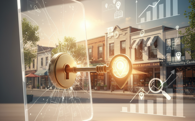 A digital key unlocks a transparent tablet displaying growth graphs, with a street of small businesses in the background, symbolizing digital access and business development.