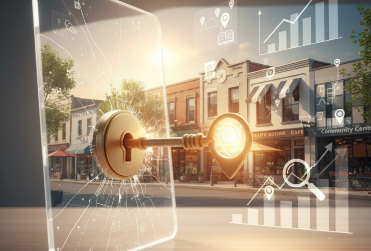A digital key unlocks a transparent tablet displaying growth graphs, with a street of small businesses in the background, symbolizing digital access and business development.