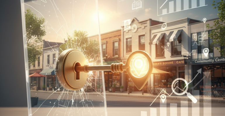 A digital key unlocks a transparent tablet displaying growth graphs, with a street of small businesses in the background, symbolizing digital access and business development.