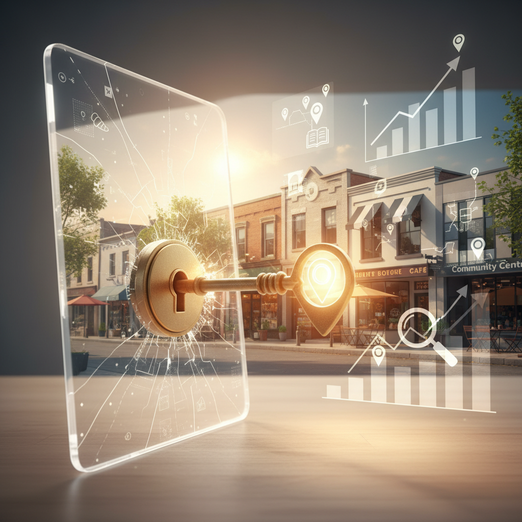 A digital key unlocks a transparent tablet displaying growth graphs, with a street of small businesses in the background, symbolizing digital access and business development.