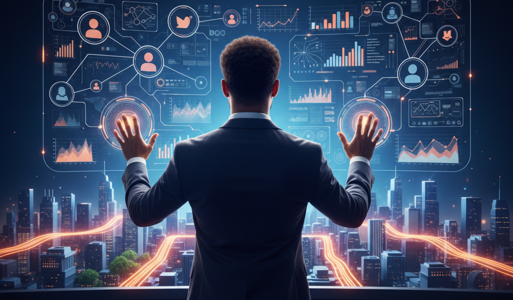 A confident, diverse small business owner or nonprofit leader stands in a radiant, holographic control room, their hands subtly interacting with projected interfaces. Before them, a complex, luminous digital marketing ecosystem unfolds: interconnected social media networks, elegant data visualizations of analytics, and strategic content pathways glowing with activity. Below this command center, a stylized cityscape subtly integrates glowing architectural elements representing thriving local businesses and community centers, all connected by streams of digital light. The scene is bathed in optimistic, deep blues, purples, and vibrant oranges, symbolizing expertise, growth, and empowerment. High detail, cinematic lighting, conceptual art.