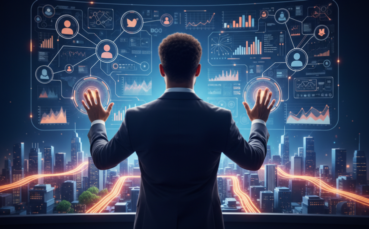 A confident, diverse small business owner or nonprofit leader stands in a radiant, holographic control room, their hands subtly interacting with projected interfaces. Before them, a complex, luminous digital marketing ecosystem unfolds: interconnected social media networks, elegant data visualizations of analytics, and strategic content pathways glowing with activity. Below this command center, a stylized cityscape subtly integrates glowing architectural elements representing thriving local businesses and community centers, all connected by streams of digital light. The scene is bathed in optimistic, deep blues, purples, and vibrant oranges, symbolizing expertise, growth, and empowerment. High detail, cinematic lighting, conceptual art.