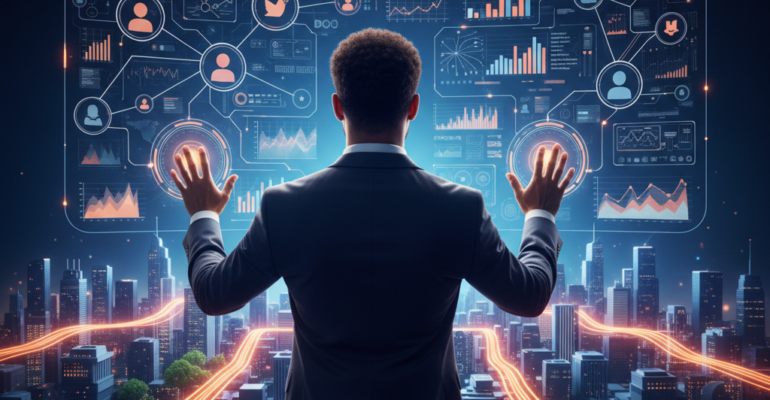 A confident, diverse small business owner or nonprofit leader stands in a radiant, holographic control room, their hands subtly interacting with projected interfaces. Before them, a complex, luminous digital marketing ecosystem unfolds: interconnected social media networks, elegant data visualizations of analytics, and strategic content pathways glowing with activity. Below this command center, a stylized cityscape subtly integrates glowing architectural elements representing thriving local businesses and community centers, all connected by streams of digital light. The scene is bathed in optimistic, deep blues, purples, and vibrant oranges, symbolizing expertise, growth, and empowerment. High detail, cinematic lighting, conceptual art.