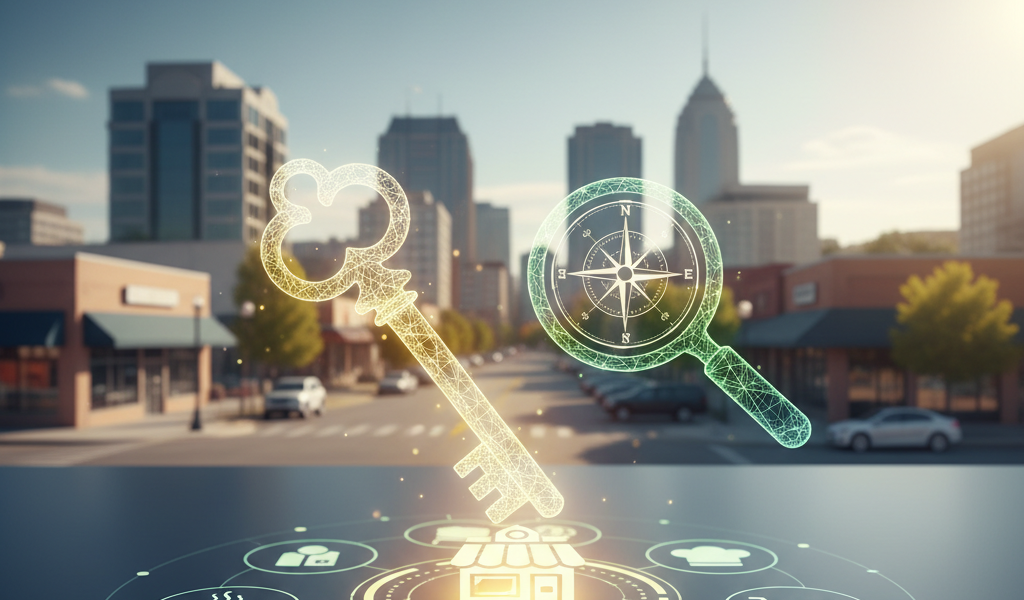 Digital icons of a key, compass, and magnifying glass overlay a city street with shops and tall buildings, representing business, navigation, and search concepts.
