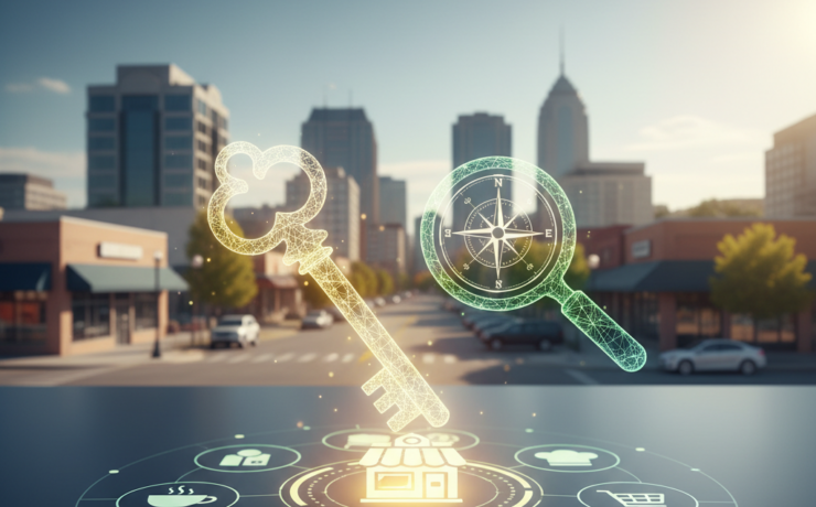 Digital icons of a key, compass, and magnifying glass overlay a city street with shops and tall buildings, representing business, navigation, and search concepts.