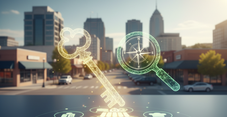 Digital icons of a key, compass, and magnifying glass overlay a city street with shops and tall buildings, representing business, navigation, and search concepts.