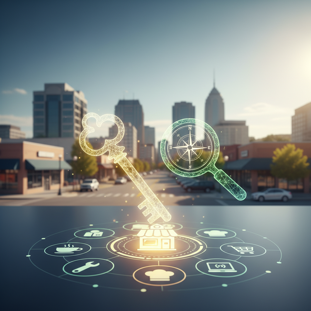 Digital icons of a key, compass, and magnifying glass overlay a city street with shops and tall buildings, representing business, navigation, and search concepts.