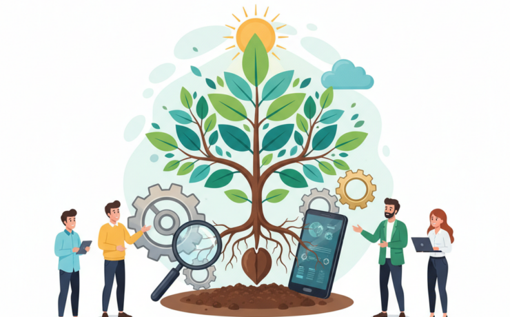 Four people stand around a large plant with gears, magnifying glass, and smartphone, symbolizing technology, growth, and teamwork.