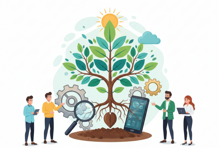 Four people stand around a large plant with gears, magnifying glass, and smartphone, symbolizing technology, growth, and teamwork.