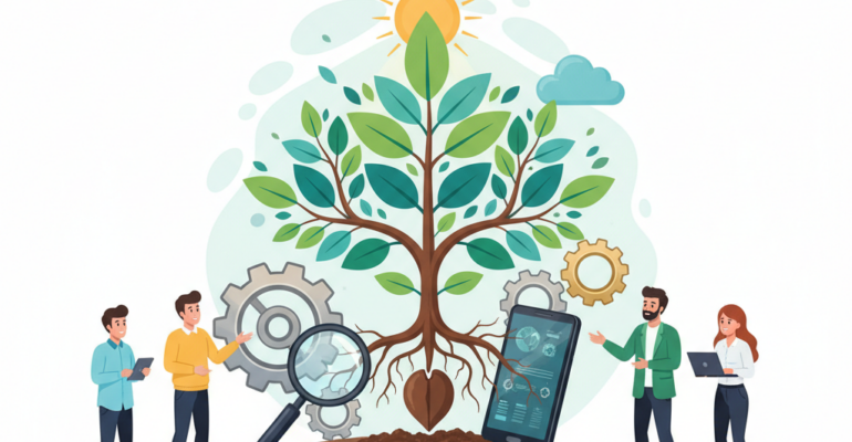 Four people stand around a large plant with gears, magnifying glass, and smartphone, symbolizing technology, growth, and teamwork.