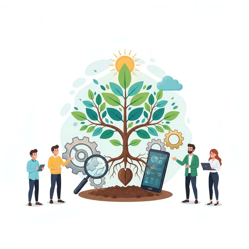 Four people stand around a large plant with gears, magnifying glass, and smartphone, symbolizing technology, growth, and teamwork.
