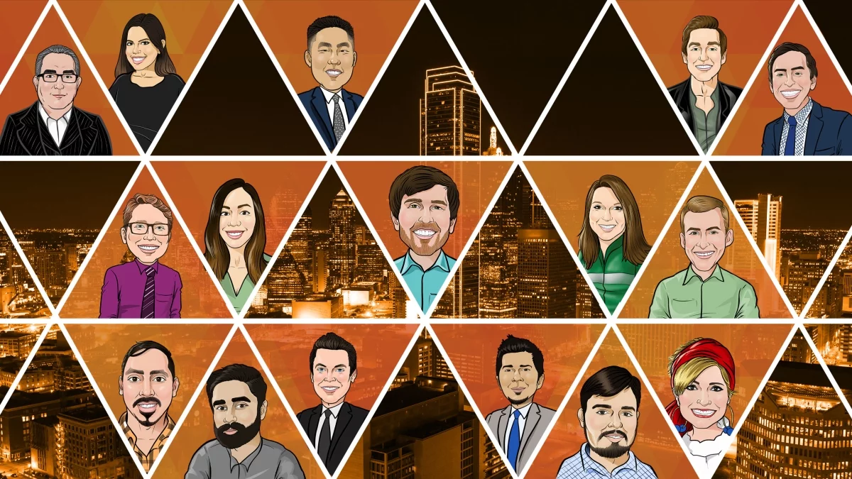 Illustrated portraits of fifteen people arranged in triangular frames over a cityscape background with tall buildings at sunset.