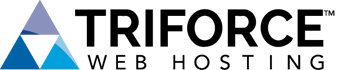 Triforce Web Hosting logo featuring a blue and white geometric triangle design to the left of the company name in bold black text.