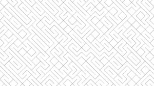 A black-and-white geometric maze pattern with interconnected straight and angular lines on a white background.