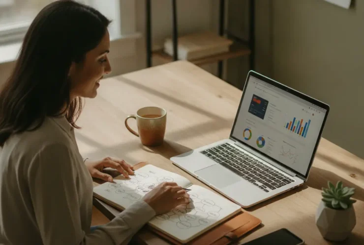 --- **Image Prompt:** A candid overhead shot of a small business owner, a diverse woman in her late 30s, working at a cluttered but organized home office desk. She's looking intently at a laptop screen displaying a web analytics dashboard, one hand resting on a well-worn notebook open to a page with handwritten notes and diagrams about SEO keywords. A half-drunk ceramic coffee mug, a smartphone, and a small potted succulent are also on the desk. Soft, diffused daylight streams in from a nearby window, casting gentle shadows. Shot on Canon EOS R5 with 35mm f/1.4 lens. Muted, natural color grading with subtle film grain.