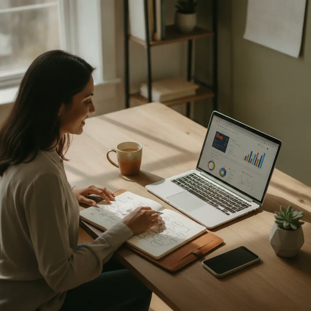 --- **Image Prompt:** A candid overhead shot of a small business owner, a diverse woman in her late 30s, working at a cluttered but organized home office desk. She's looking intently at a laptop screen displaying a web analytics dashboard, one hand resting on a well-worn notebook open to a page with handwritten notes and diagrams about SEO keywords. A half-drunk ceramic coffee mug, a smartphone, and a small potted succulent are also on the desk. Soft, diffused daylight streams in from a nearby window, casting gentle shadows. Shot on Canon EOS R5 with 35mm f/1.4 lens. Muted, natural color grading with subtle film grain.