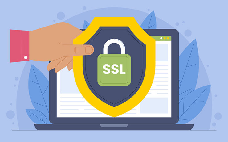 A hand holds a shield with a padlock and “SSL” in front of a laptop, symbolizing internet security and data protection—essential safeguards for any business running meta ads in Dallas.