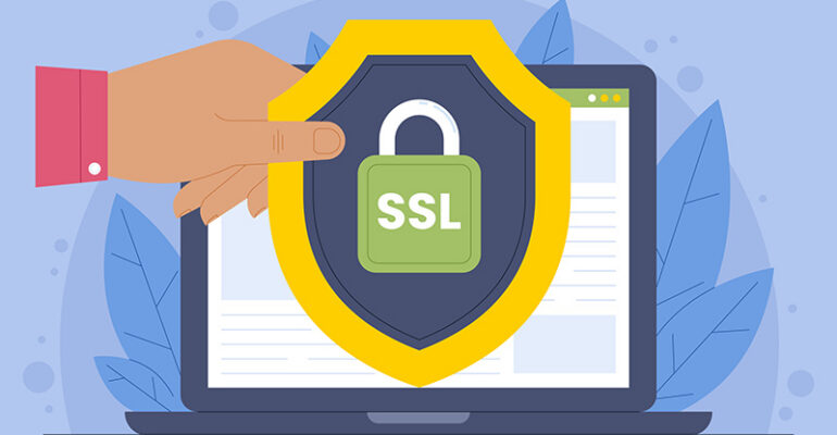A hand holds a shield with a padlock and “SSL” in front of a laptop, symbolizing internet security and data protection—essential safeguards for any business running meta ads in Dallas.