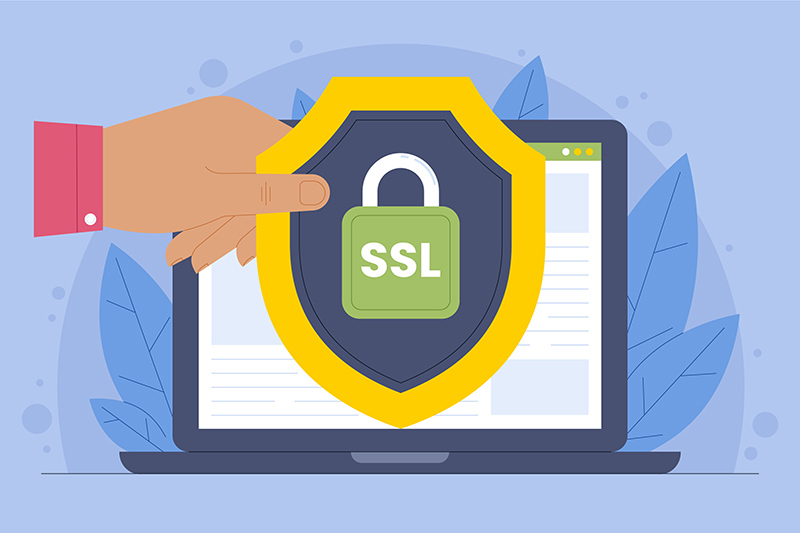 A hand holds a shield with a padlock and “SSL” in front of a laptop, symbolizing internet security and data protection—essential safeguards for any business running meta ads in Dallas.