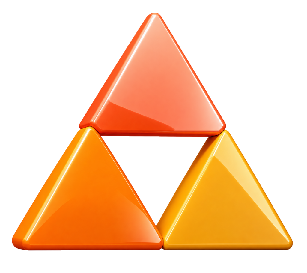 Three glossy triangular prisms arranged in a triangle formation, with one red triangle above two orange and yellow triangles.