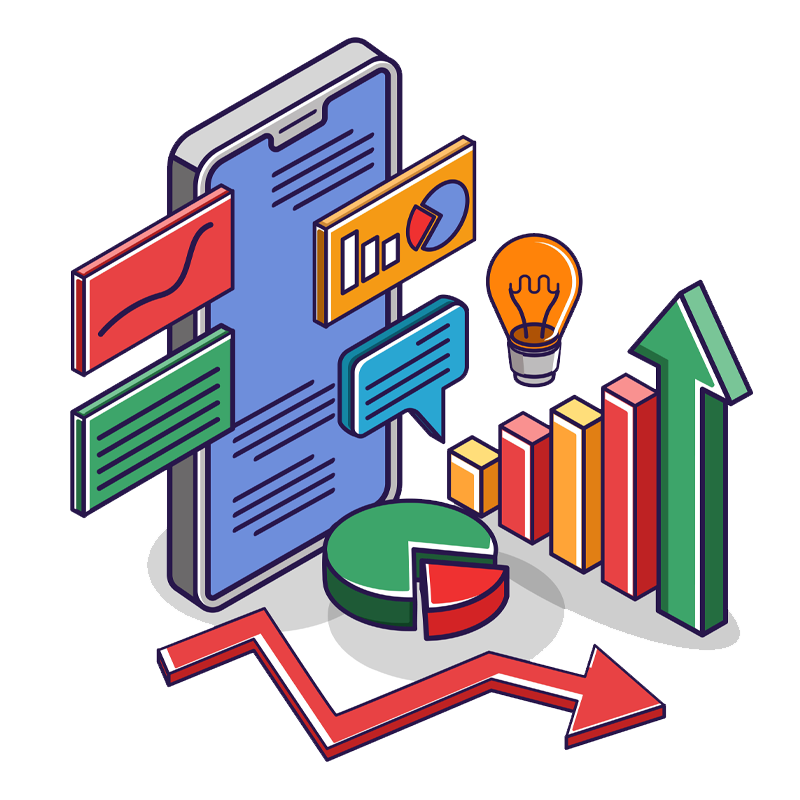 Isometric illustration of a smartphone displaying various data charts, graphs, speech bubbles, and a lightbulb.